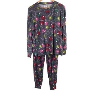 Victoria's Secret Pink Gray Christmas Lights Pajama Set Long Sleeves Size Small